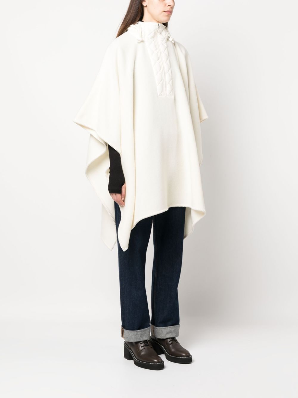 Moncler wool cape, luxury women's outerwear, white wool cape, high-end fashion, elegant cape