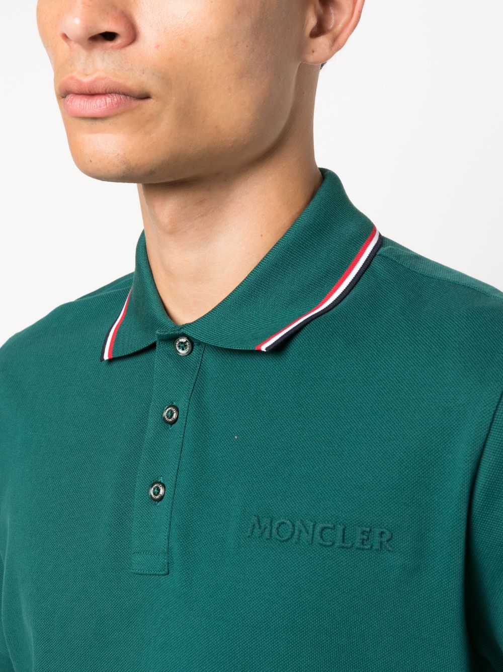 Moncler, green polo shirt, men's luxury polo, logo trim polo, designer menswear