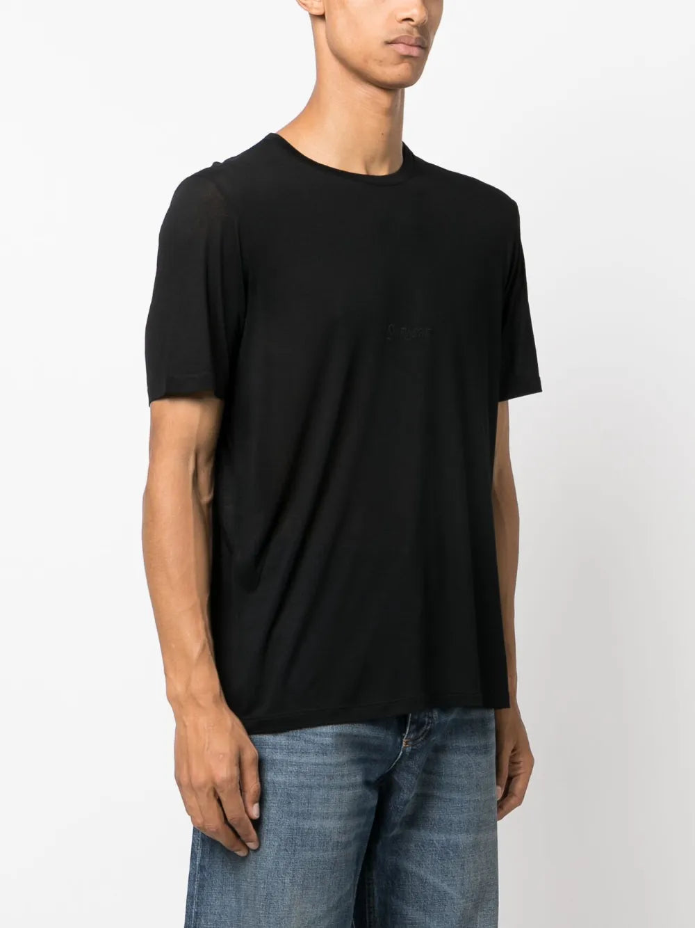 Image of Black Viscose T-Shirt by Saint Laurent for Men - Season Autumn-Winter 2024 - Detail View 1