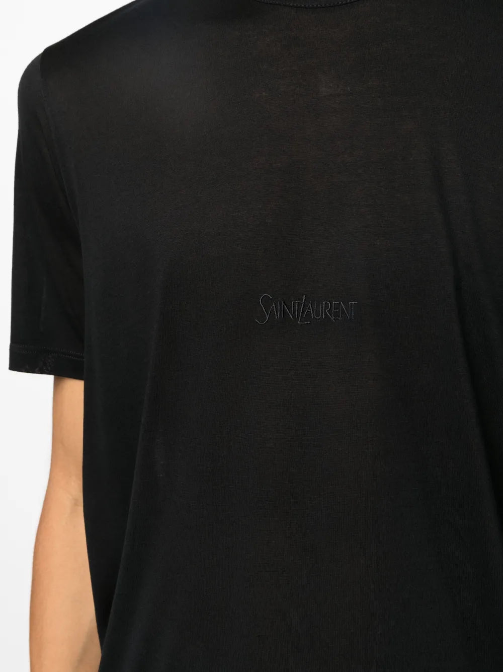 Image of Black Viscose T-Shirt by Saint Laurent for Men - Season Autumn-Winter 2024 - Detail View 7