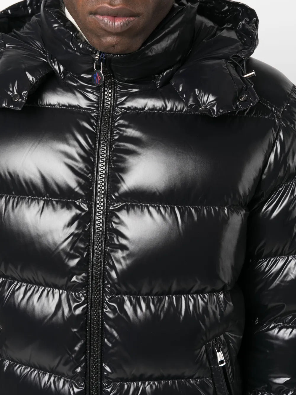 Image of Maya Black Down Jacket by Moncler for Men - Season Autumn-Winter 2025 - Detail View 7