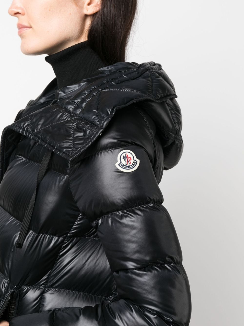 Moncler jacket, quilted jacket, long jacket, black jacket, luxury outerwear