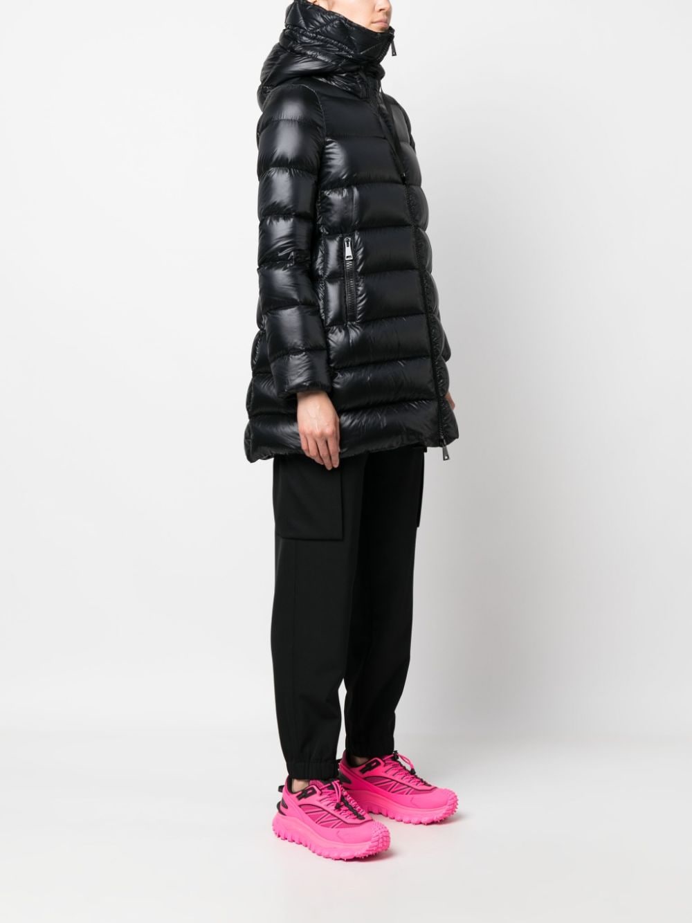 Moncler jacket, quilted jacket, long jacket, black jacket, luxury outerwear