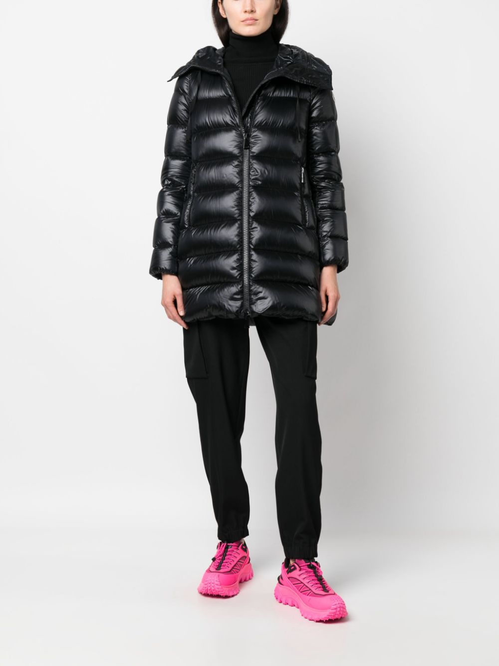 Moncler jacket, quilted jacket, long jacket, black jacket, luxury outerwear