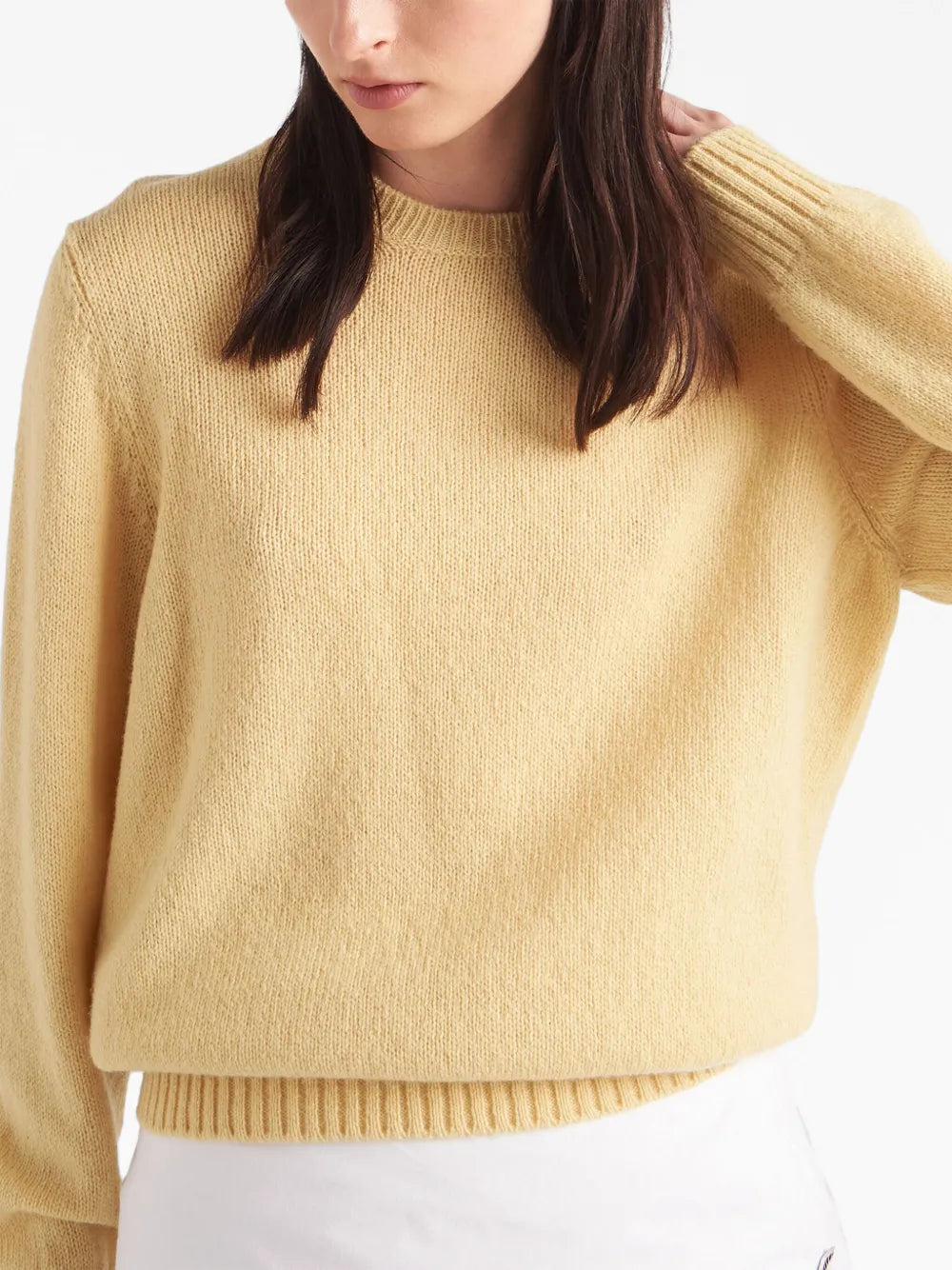Prada pull, wool and cashmere, luxury knitwear, yellow pull, elegant fashion