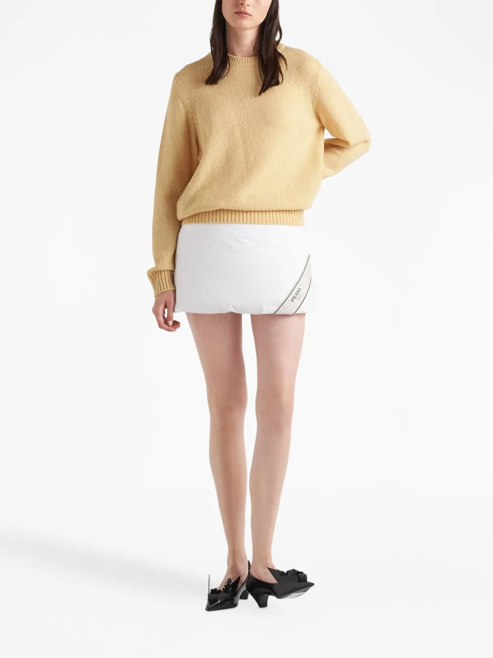 Prada pull, wool and cashmere, luxury knitwear, yellow pull, elegant fashion