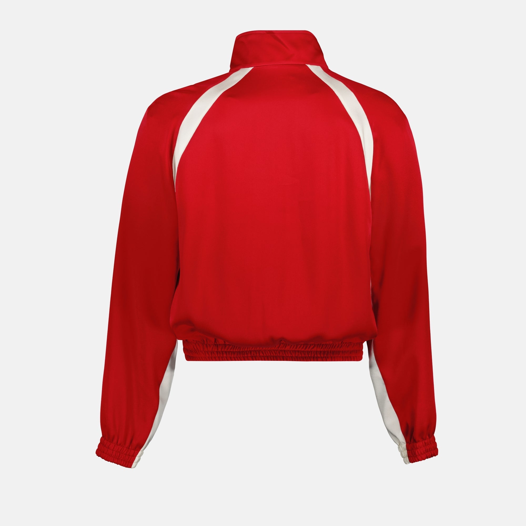 Imagen de la chaqueta teddy de satén rojo de Saint Laurent para hombres - Temporada Primavera-Verano 2025 - Vista de detalle 2