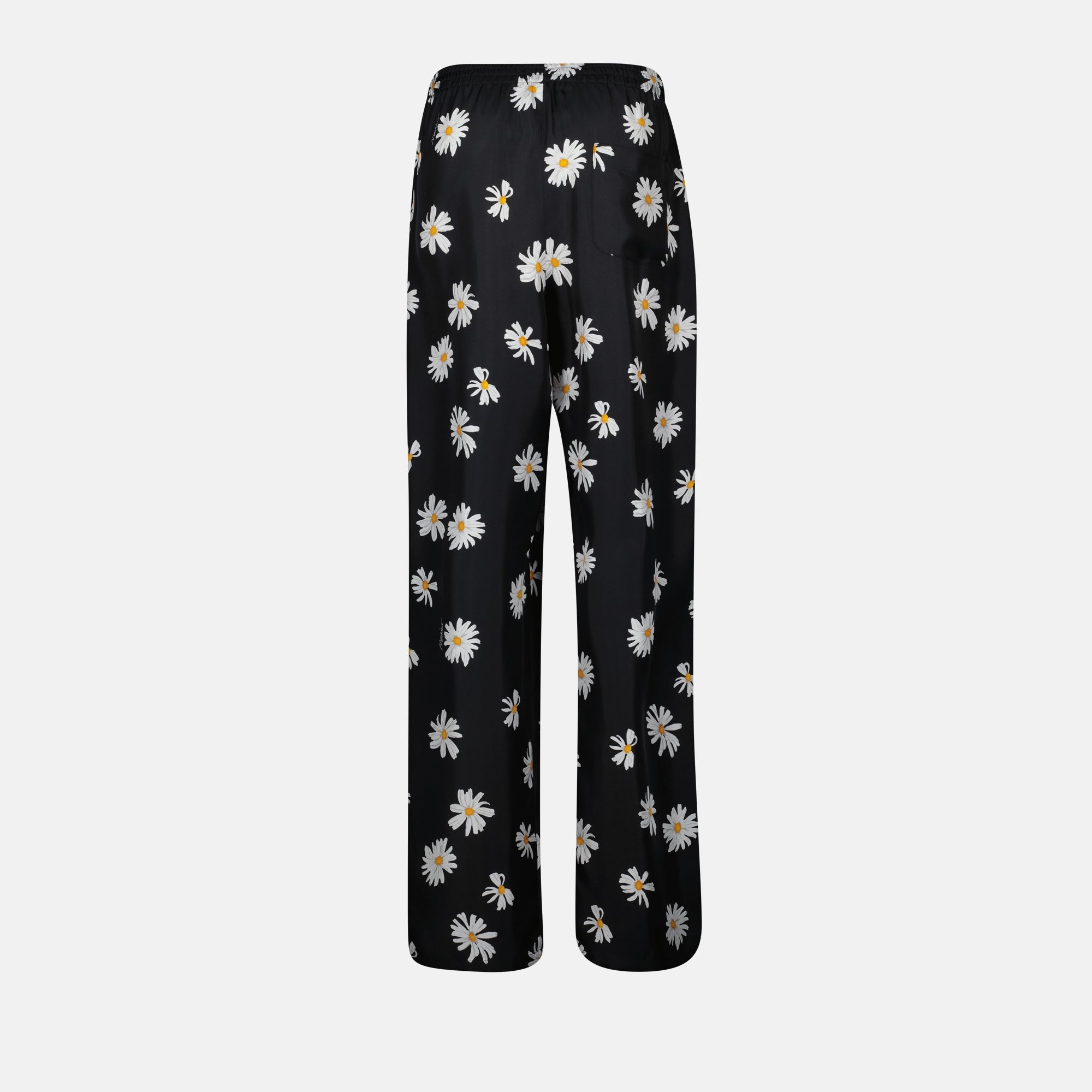silk trousers, floral print trousers, Moschino, elegant trousers, women's fashion