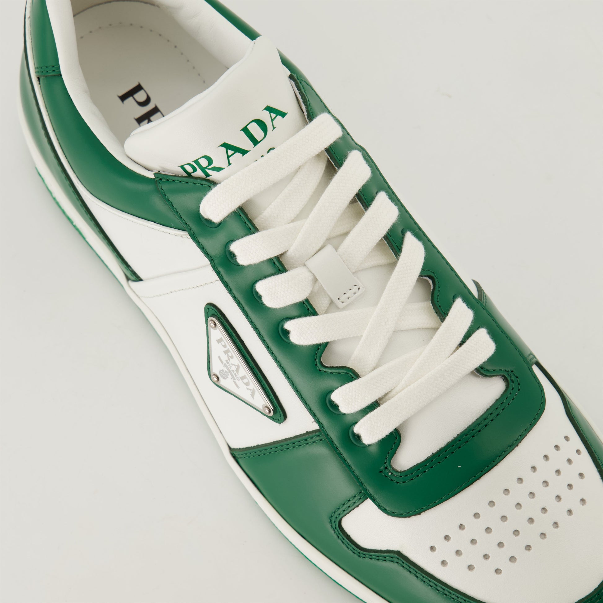 Prada sneakers, leather sneakers, green and white sneakers, designer footwear, Autumn-Winter 2024