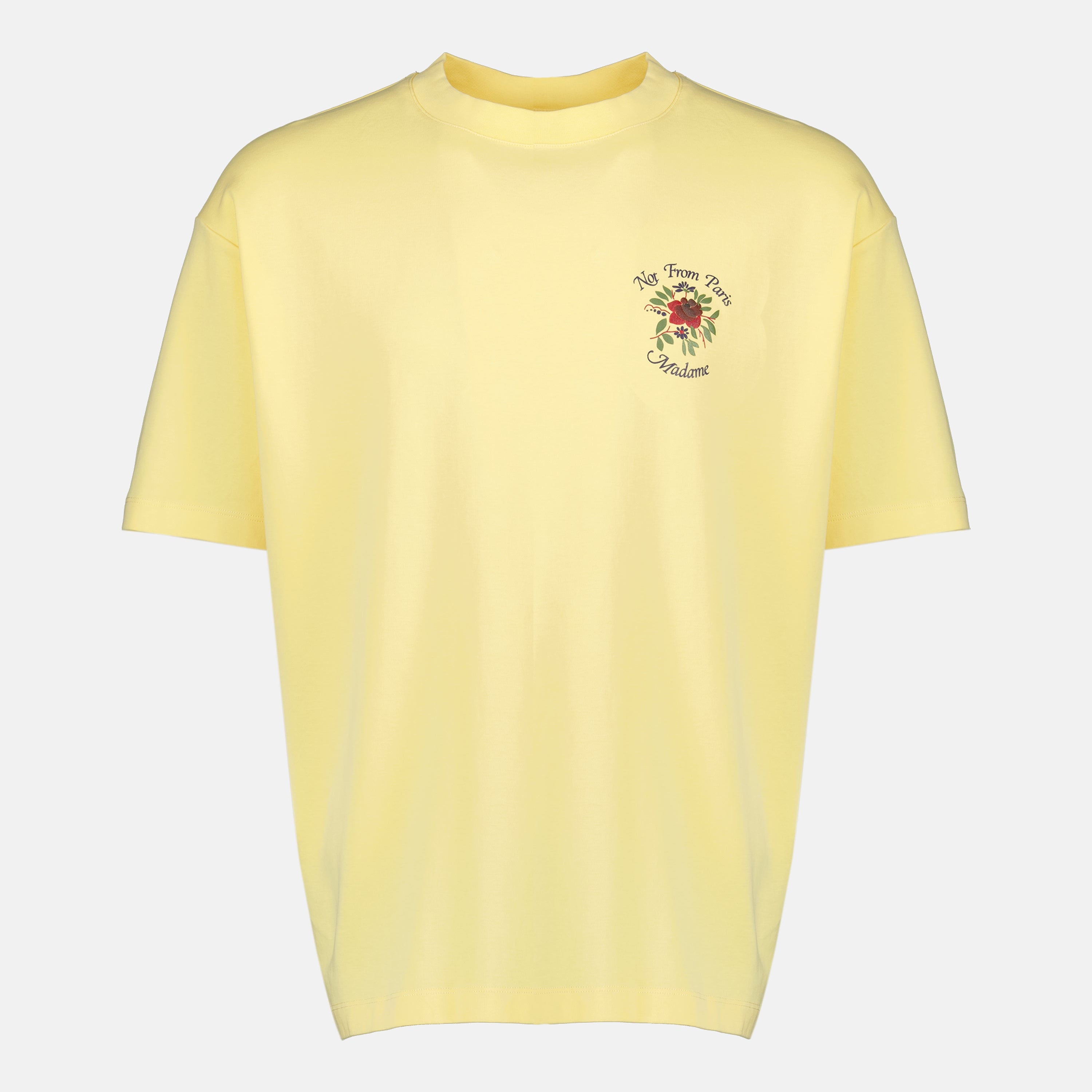 Image of Pink Yellow Slogan T-Shirt - Drôle de Monsieur by Drole De Monsieur for Men - Season Spring-Summer 2026 - Front View