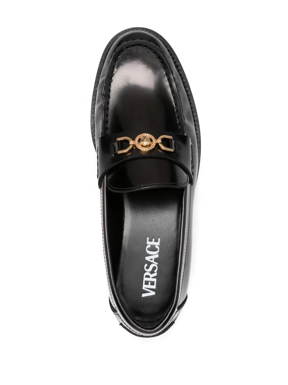 Versace moccasins, luxury women's footwear, Medusa emblem shoes, black leather moccasins, high-end women's shoes