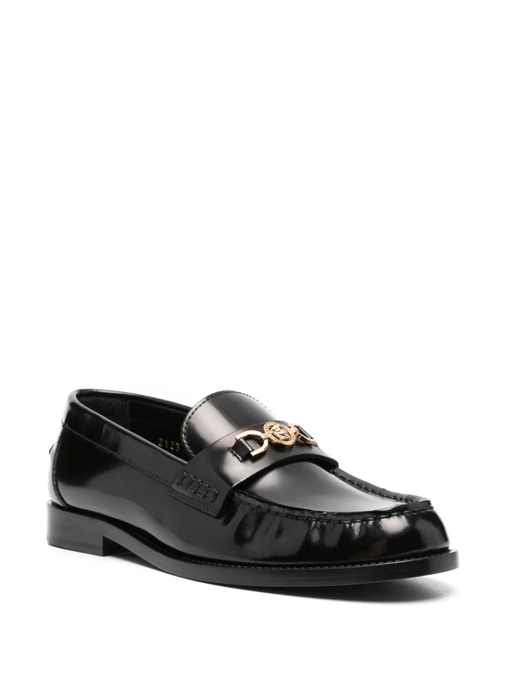 Versace moccasins, luxury women's footwear, Medusa emblem shoes, black leather moccasins, high-end women's shoes