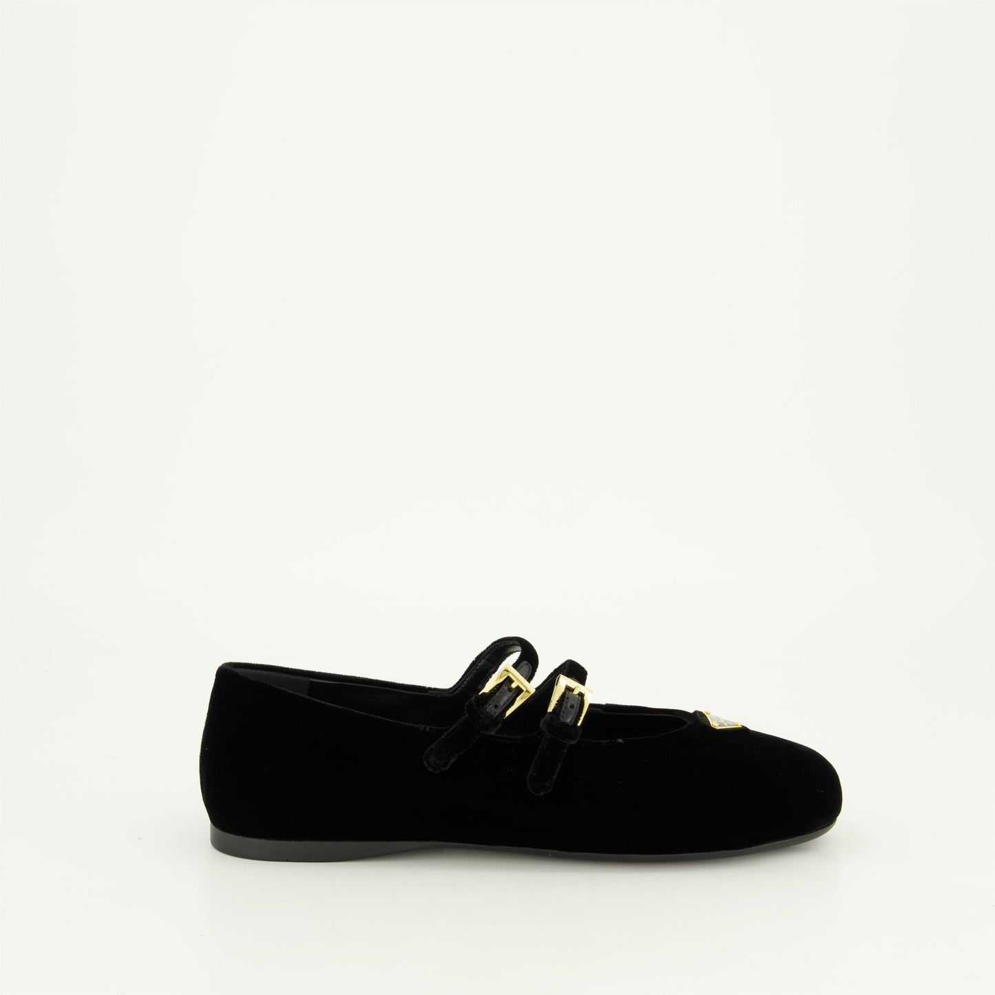 black velvet ballerinas, adjustable straps, metal logo detail, Prada collection, almond toe design