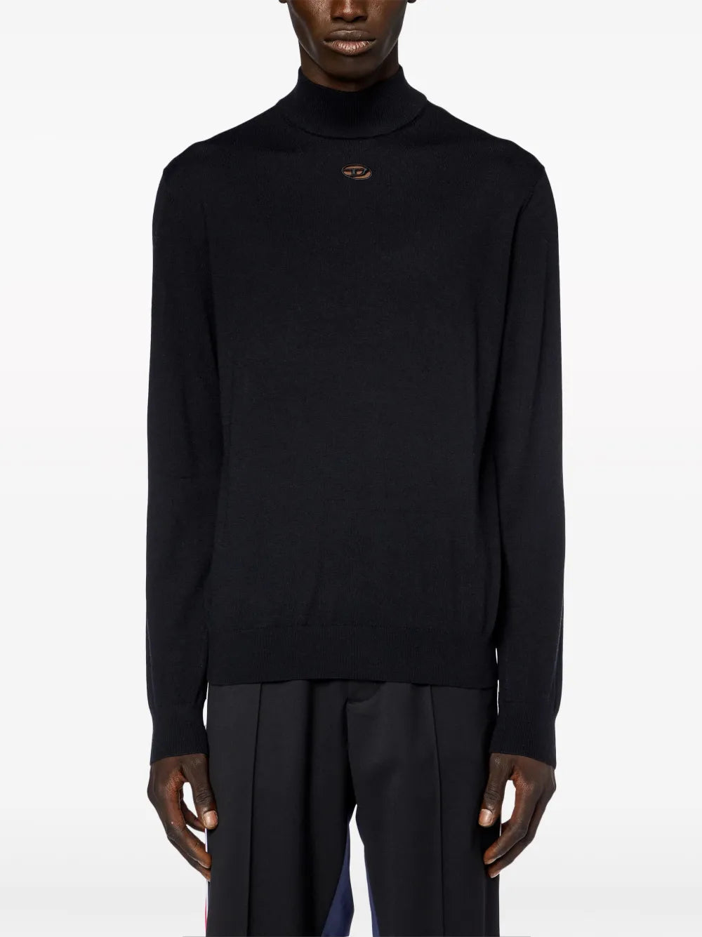 black wool turtleneck, Diesel sweater, embroidered logo, Autumn-Winter collection, men's fashion