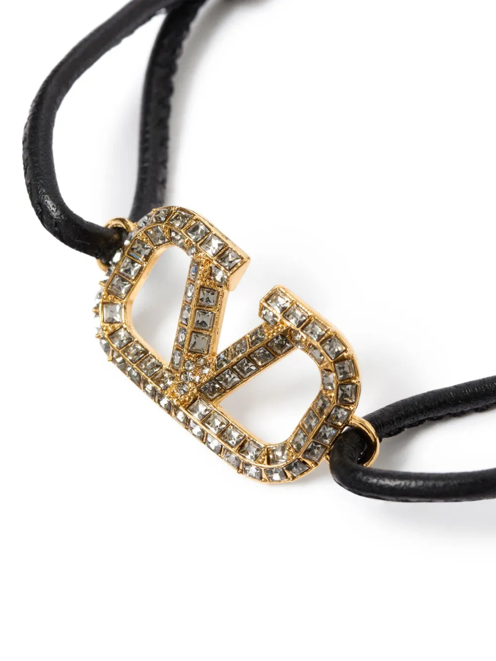 black leather bracelet, crystal emblem bracelet, adjustable cord bracelet, designer accessory, elegant bracelet