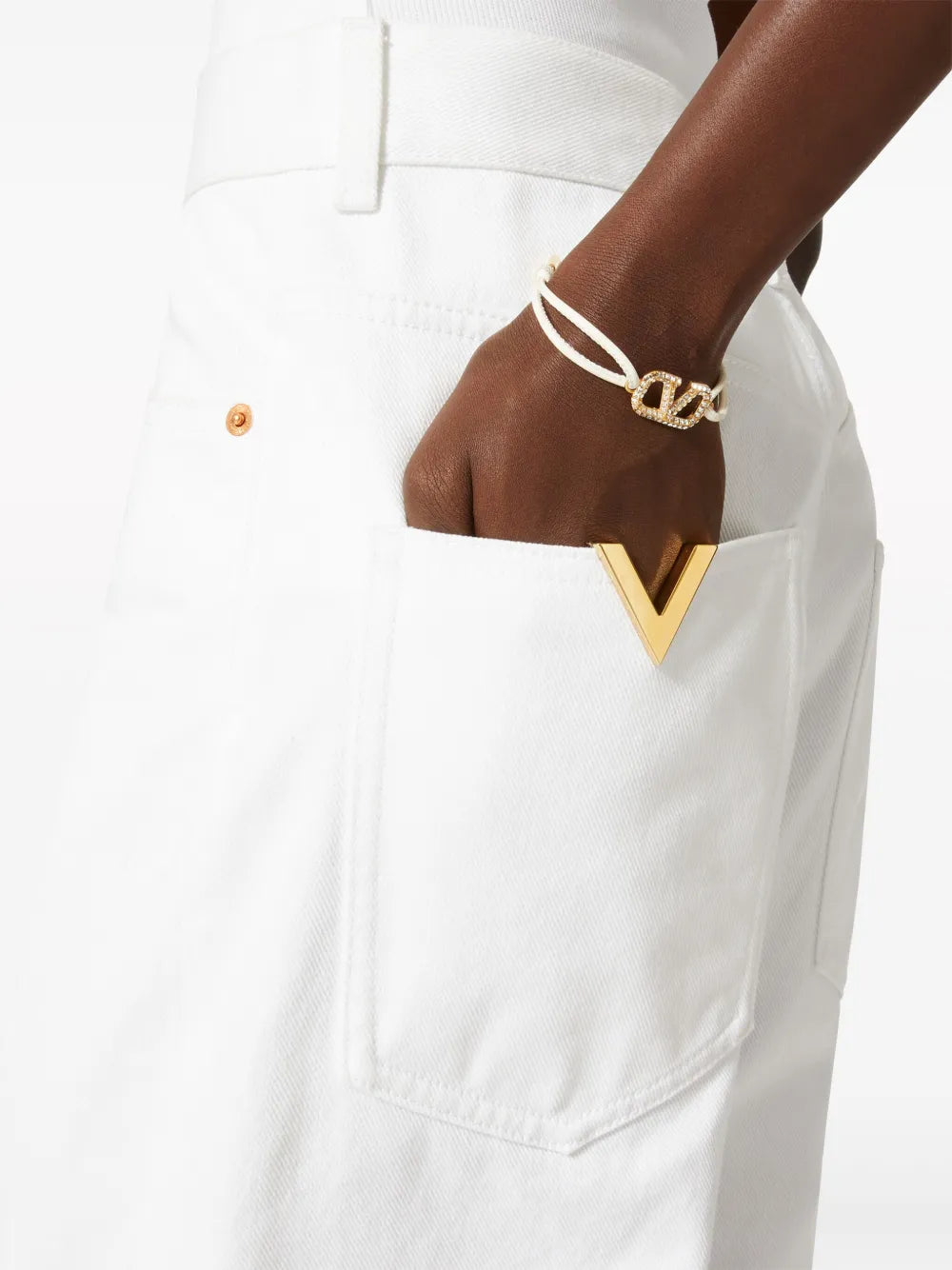 White Leather Bracelet, VLogo Signature, Swarovski Crystals, Fashion Accessories, Cord Closure