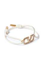 White Leather Bracelet, VLogo Signature, Swarovski Crystals, Fashion Accessories, Cord Closure