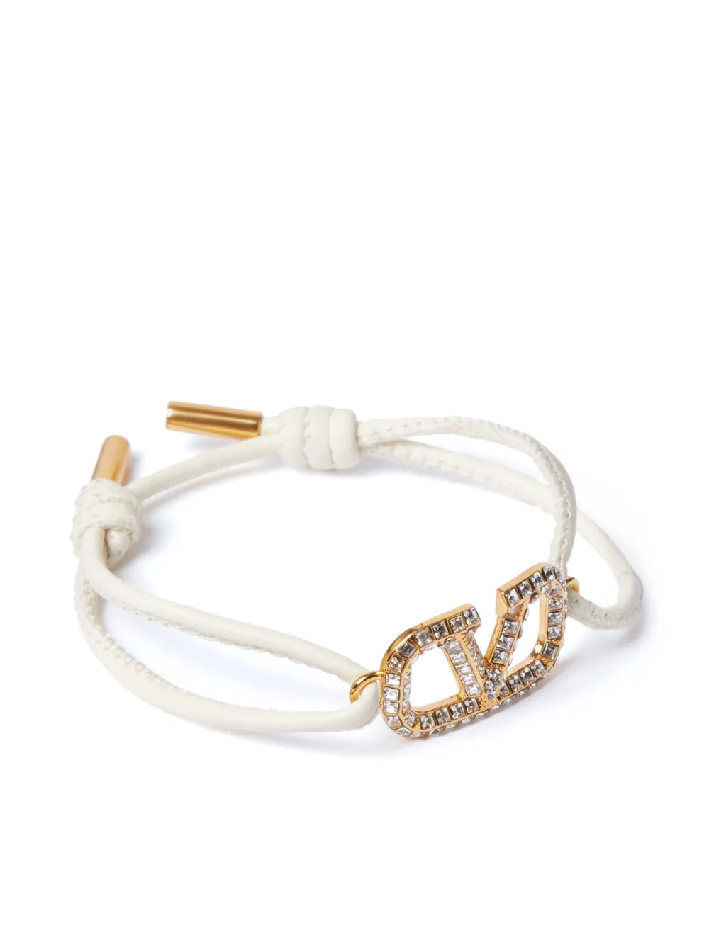 White Leather Bracelet, VLogo Signature, Swarovski Crystals, Fashion Accessories, Cord Closure