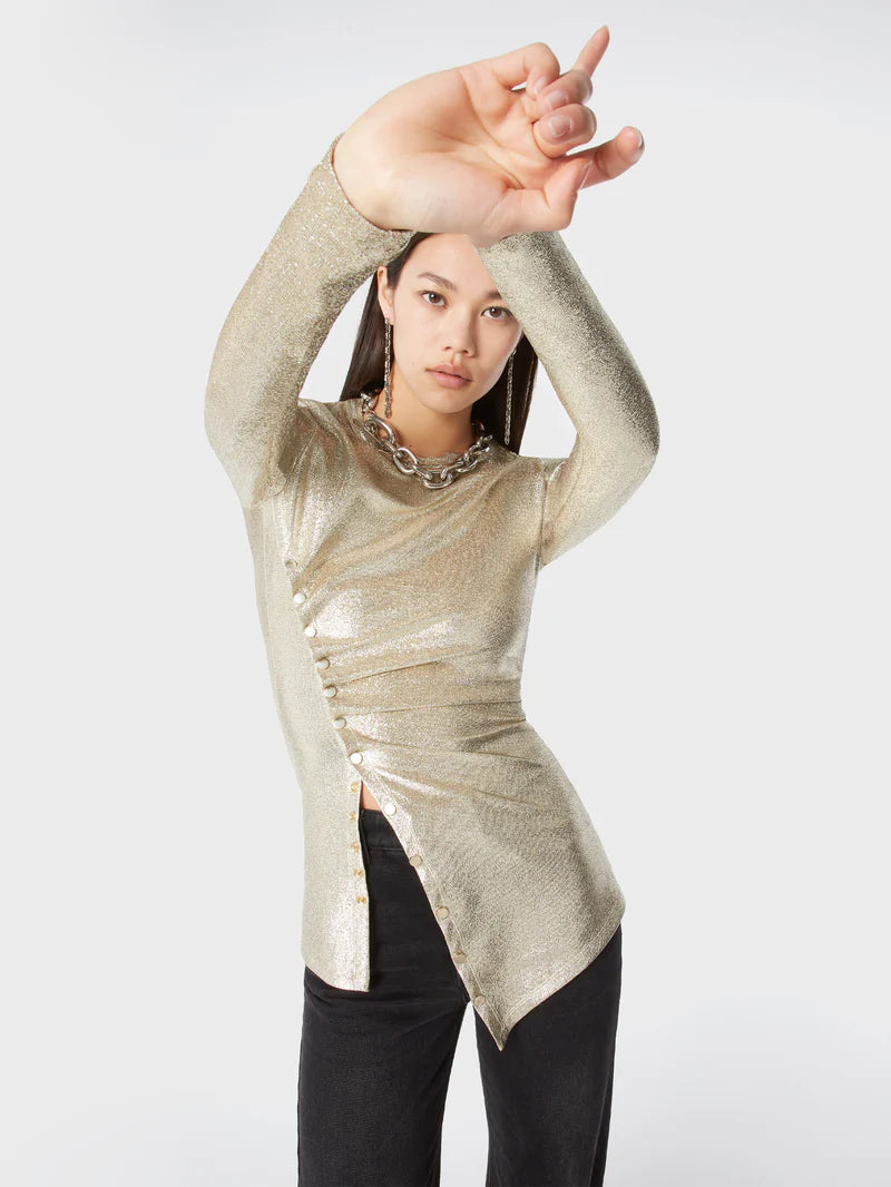 draped top, lurex fashion, metallic style, Rabanne top, elegant top