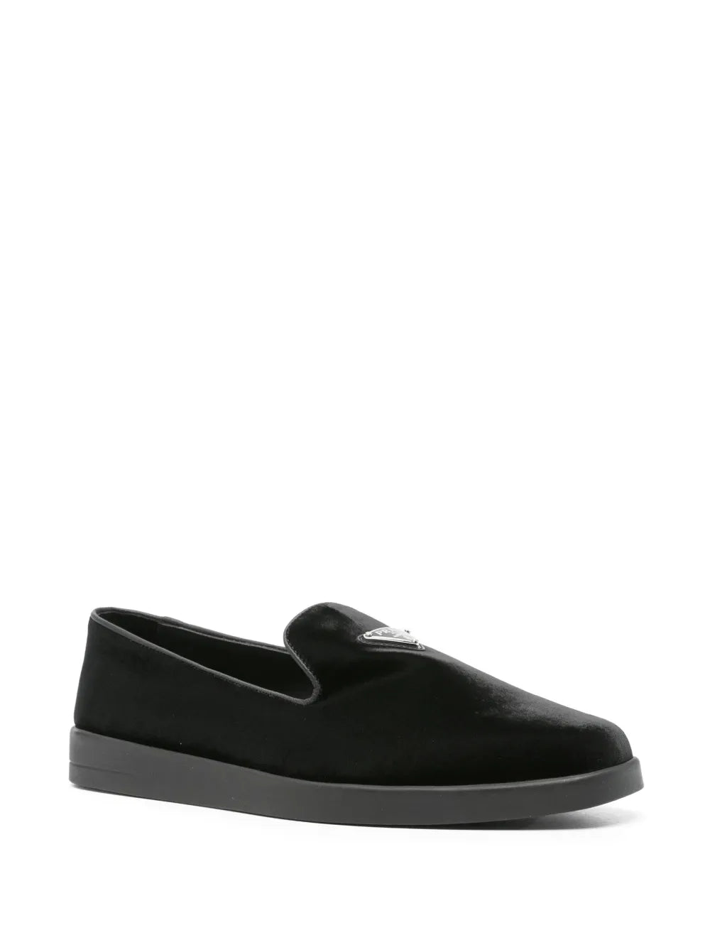 luxury loafers, black velvet shoes, Prada footwear, elegant suede loafers, men's designer shoes