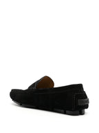 Black suede loafers, Versace loafers, luxury men's footwear, gold medallion loafers, high-end designer shoes