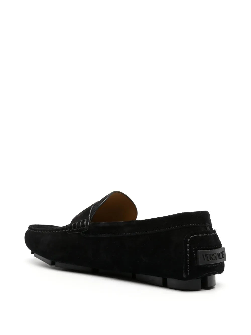 Black suede loafers, Versace loafers, luxury men's footwear, gold medallion loafers, high-end designer shoes
