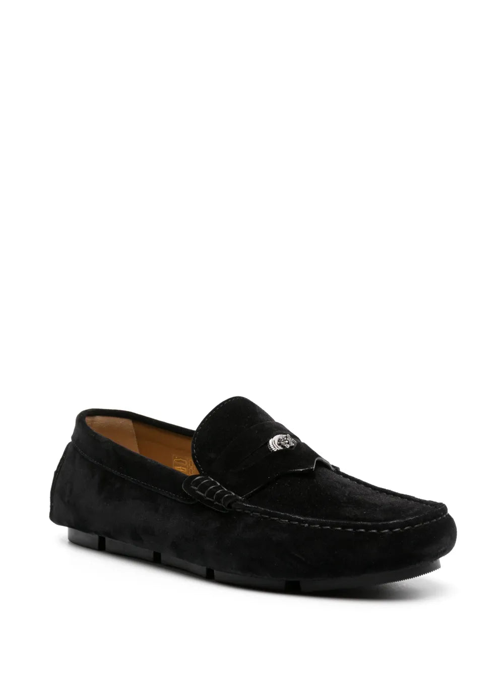 Black suede loafers, Versace loafers, luxury men's footwear, gold medallion loafers, high-end designer shoes
