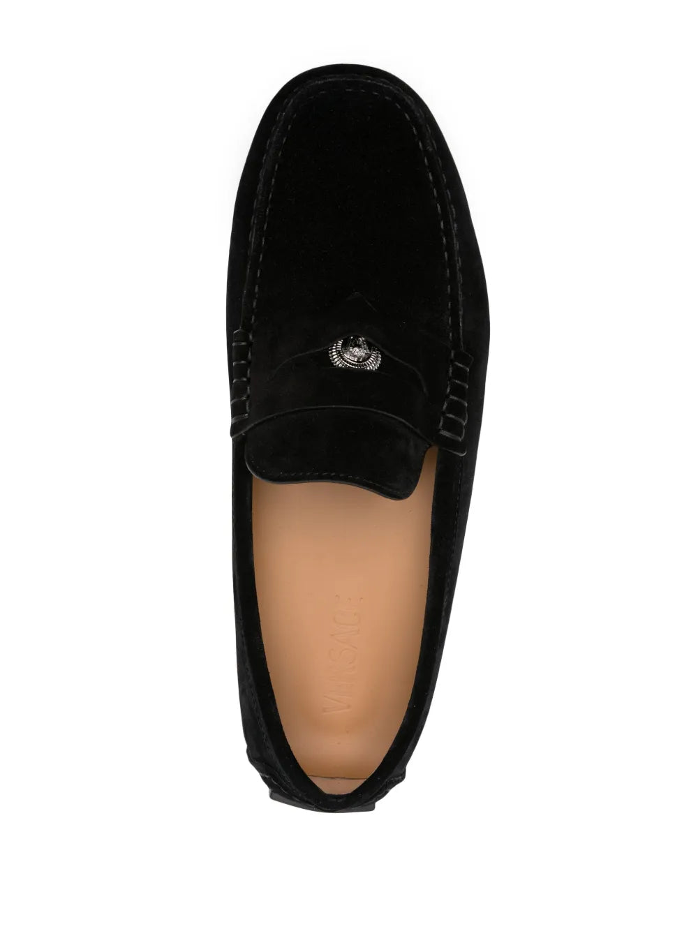 Black suede loafers, Versace loafers, luxury men's footwear, gold medallion loafers, high-end designer shoes