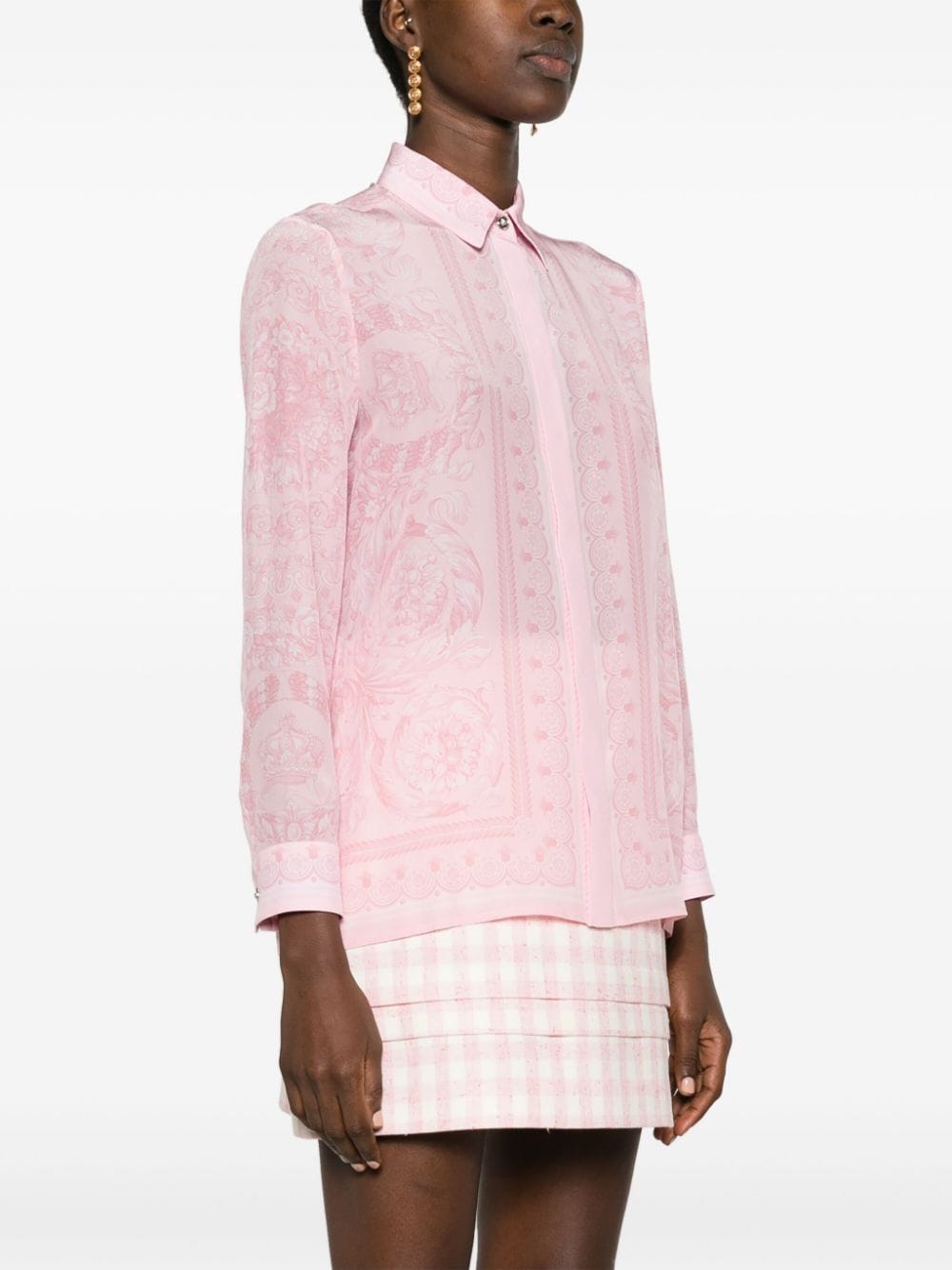 Barocco silk shirt, luxury silk shirt, Versace clothing, pink silk blouse, high-end fashion