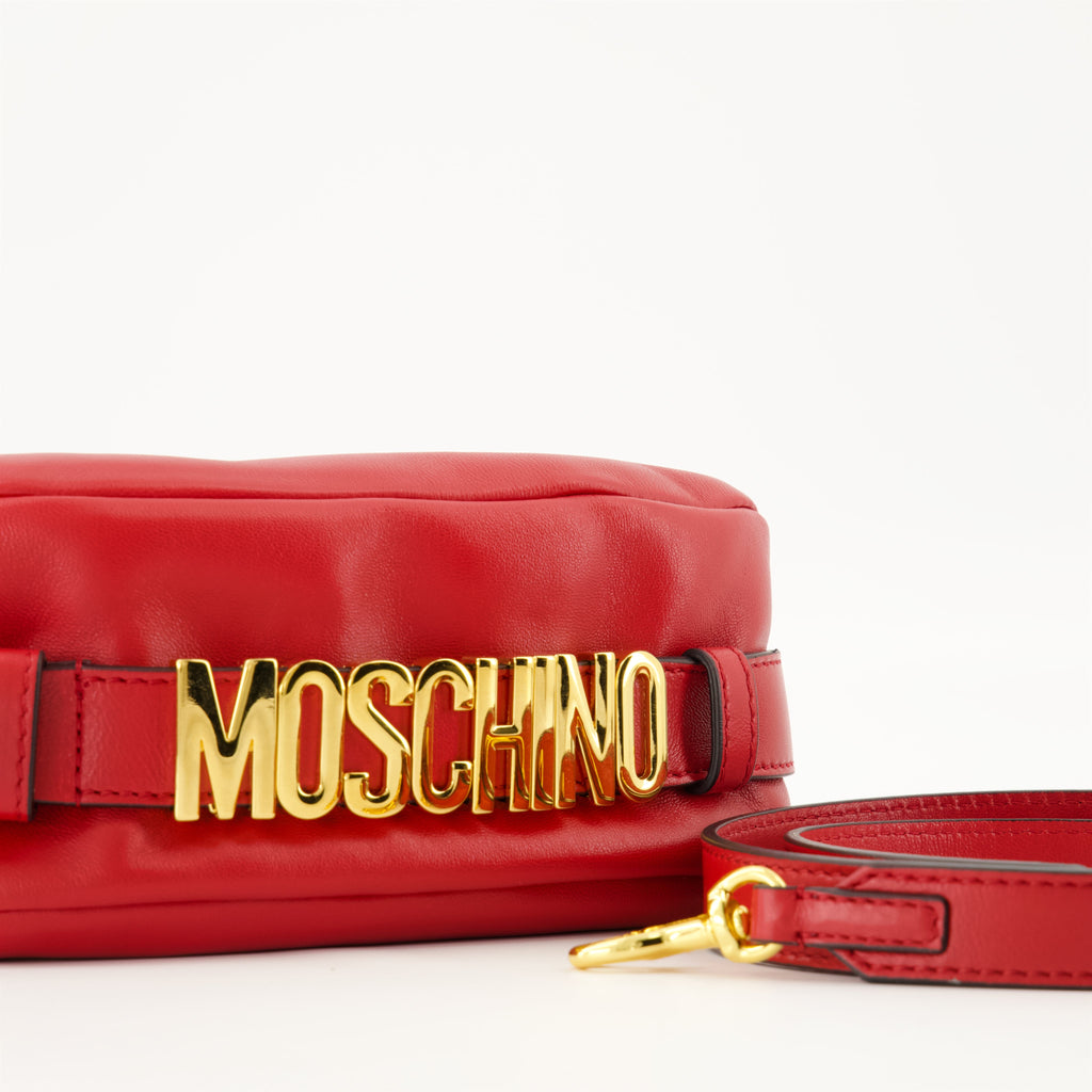 red leather handbag, Moschino Handle Me, nappa leather bag, adjustable shoulder strap, luxury handbag