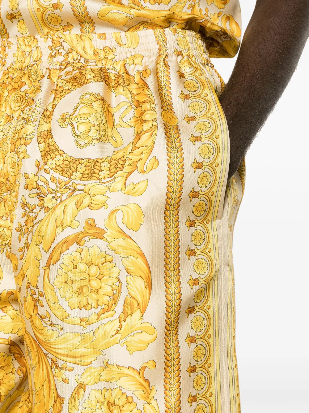 Versace shorts, Silk Barocco print, luxury fashion, designer shorts, summer wardrobe
