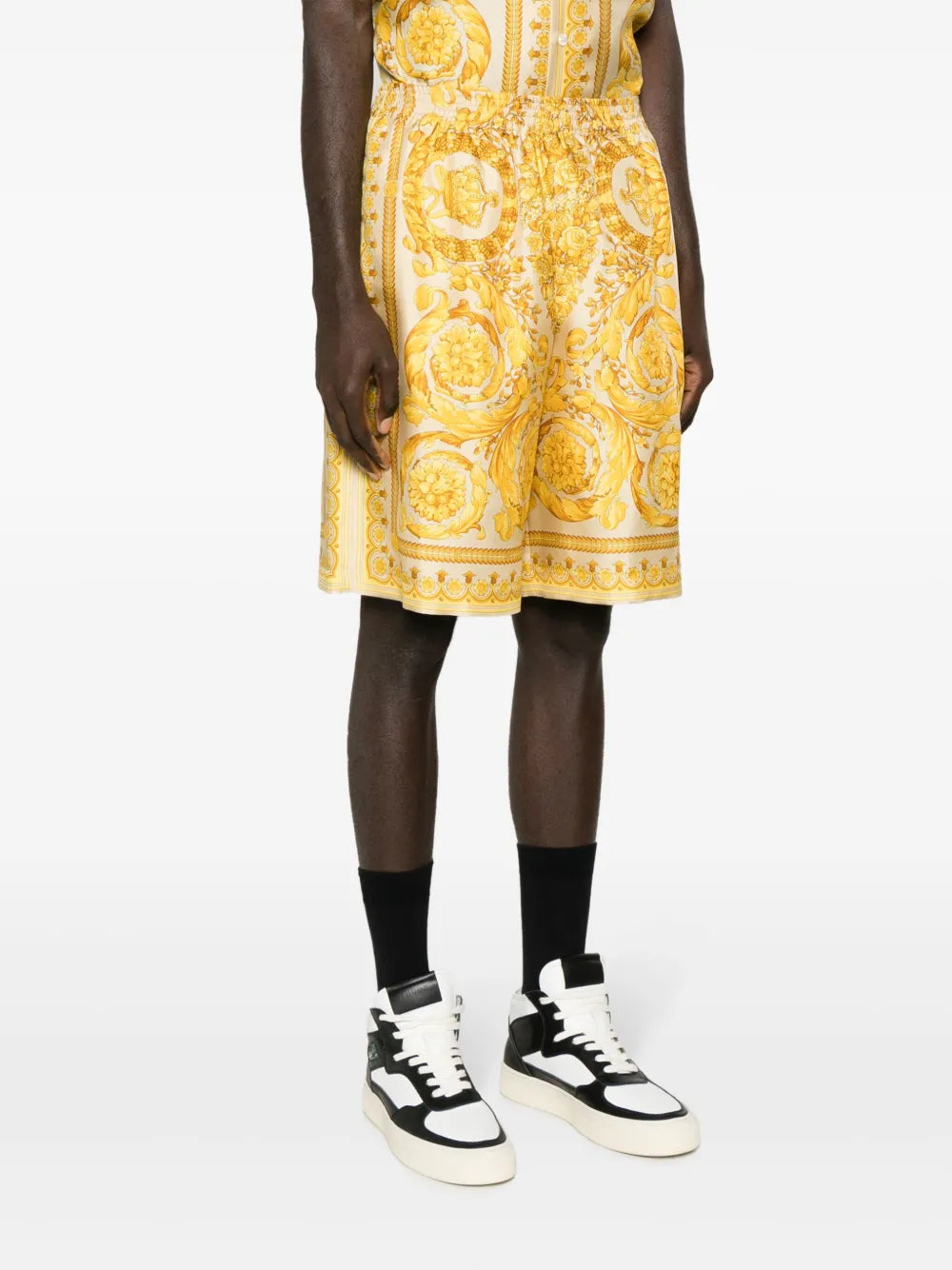 Versace shorts, Silk Barocco print, luxury fashion, designer shorts, summer wardrobe