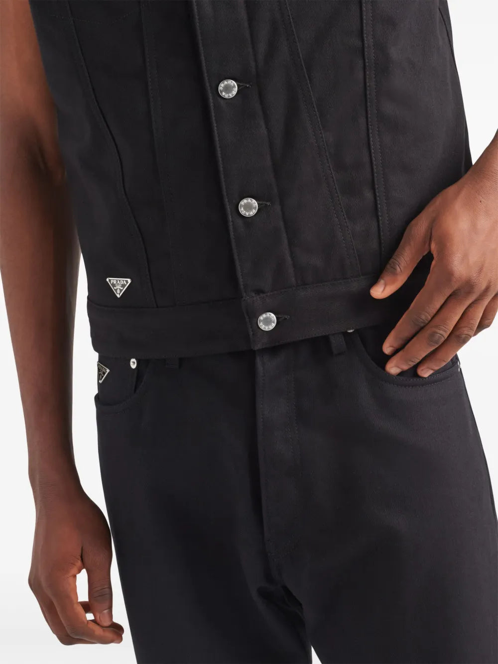 Image of Black Sleeveless Denim Vest by Prada for Men - Season Spring-Summer 2024 - Detail View 6