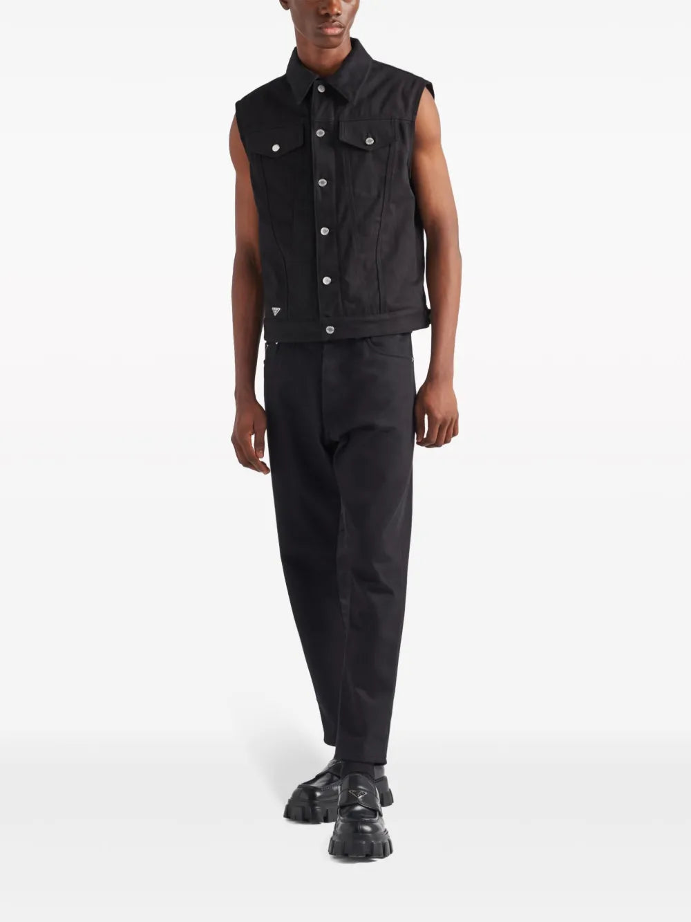 Image of Black Sleeveless Denim Vest by Prada for Men - Season Spring-Summer 2024 - Back View