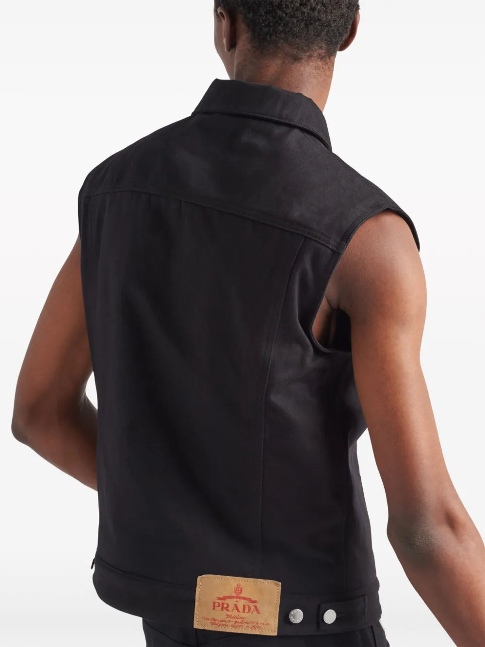 Image of Black Sleeveless Denim Vest by Prada for Men - Season Spring-Summer 2024 - Detail View 7