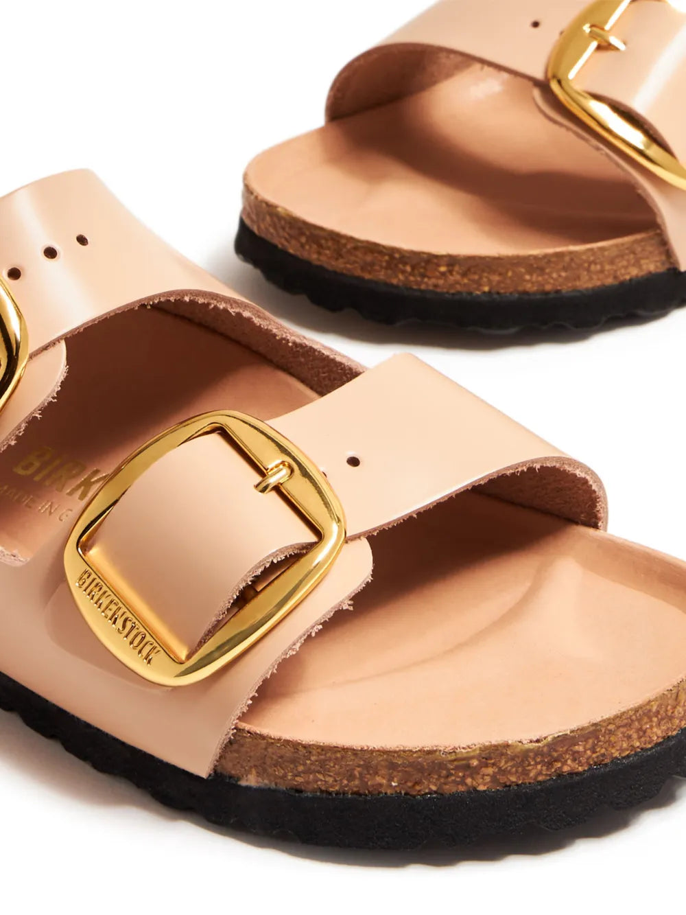 Birkenstock sandals, luxury footwear, big buckle sandals, patent leather sandals, high-end comfort