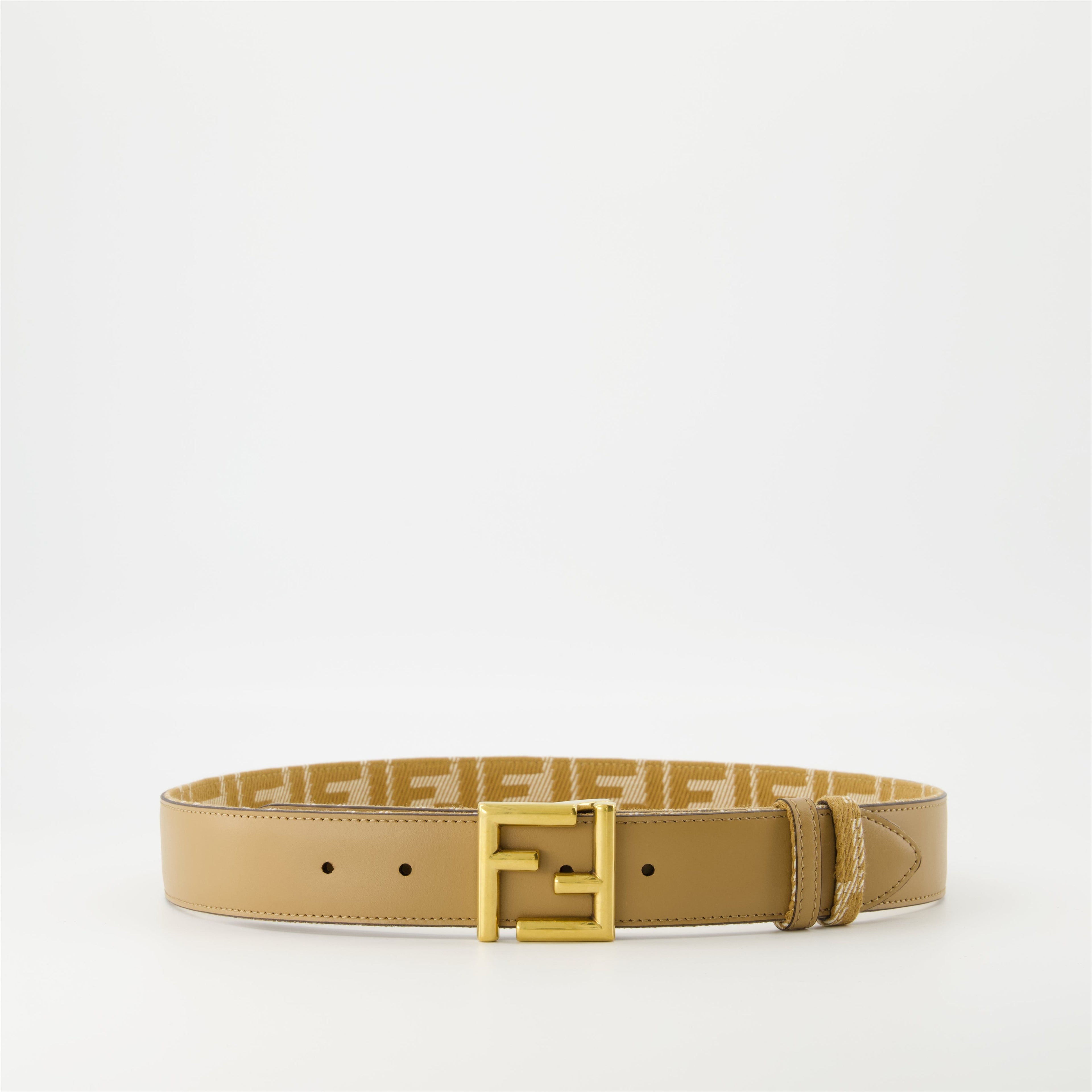 Fendi belt, reversible design, leather and denim, adjustable belt, FF jacquard
