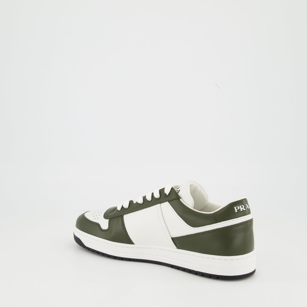 Prada sneakers, Downtown model, calf leather shoes, khaki and white sneakers, men's footwear