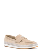 Luxury suede moccasins, Prada beige footwear, elegant men's accessories, Italian suede shoes, high-end moccasins