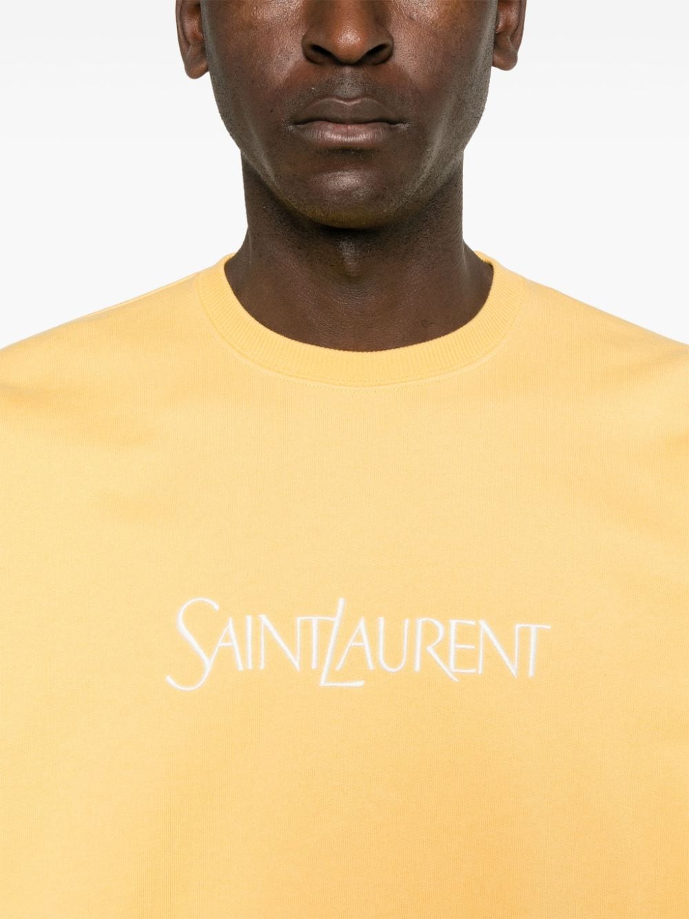 Yellow sweatshirt, luxury casual wear, Saint Laurent logo, embroidered sweatshirt, designer sweatshirt