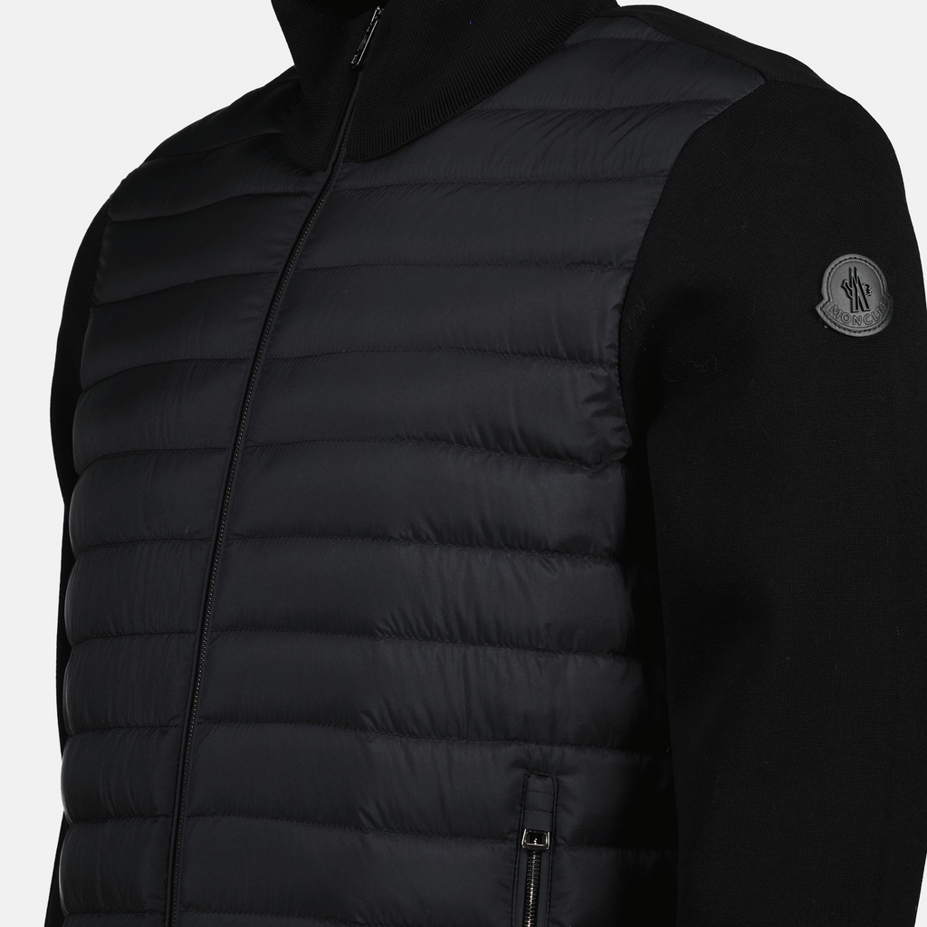 black down jacket, bi-material jacket, Moncler jacket, stylish outerwear, men’s winter coat