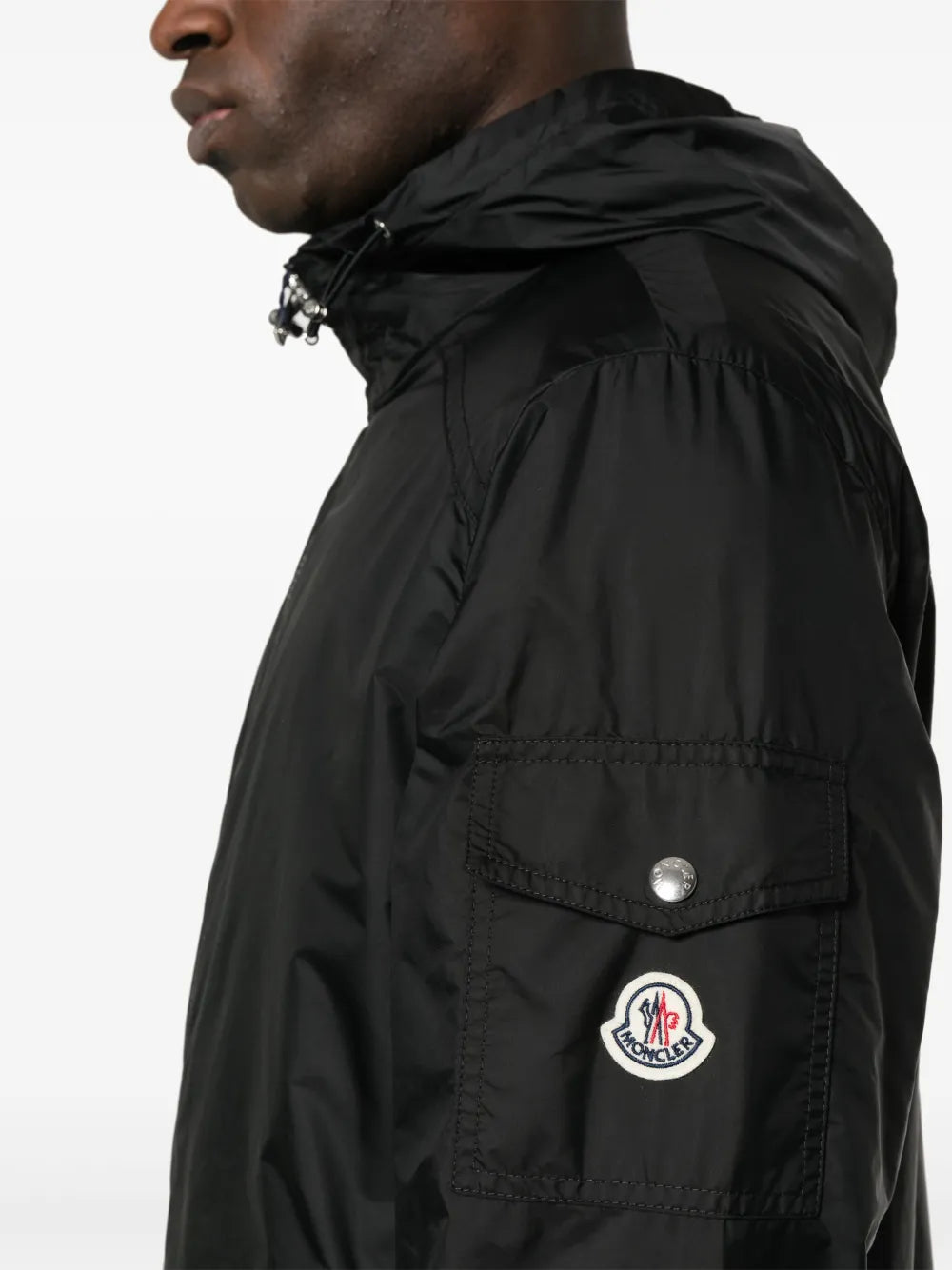 windbreaker, black jacket, Moncler jacket, adjustable hood, nylon jacket