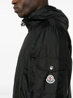 windbreaker, black jacket, Moncler jacket, adjustable hood, nylon jacket