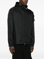 windbreaker, black jacket, Moncler jacket, adjustable hood, nylon jacket