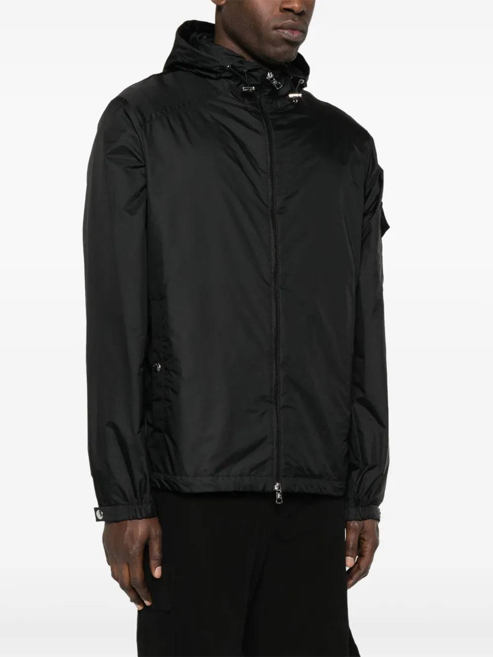 windbreaker, black jacket, Moncler jacket, adjustable hood, nylon jacket