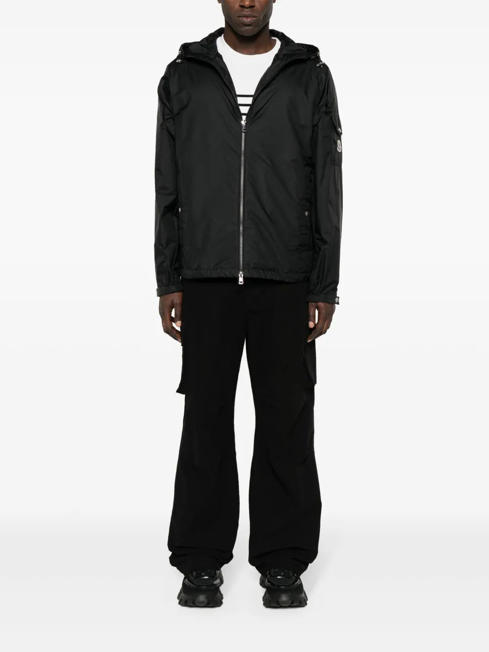 windbreaker, black jacket, Moncler jacket, adjustable hood, nylon jacket