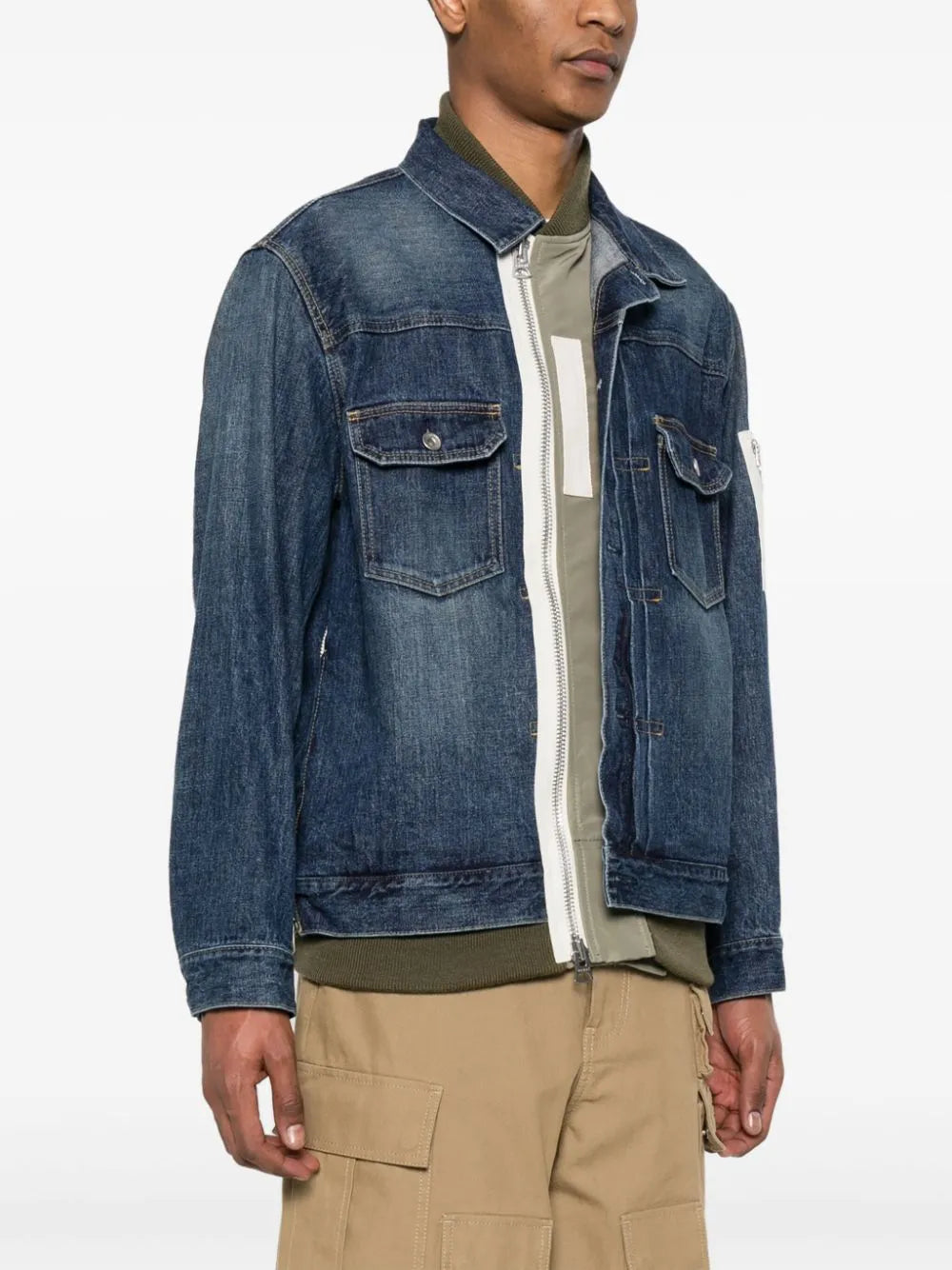 Denim hybrid jacket, Sacai outerwear, luxury men's fashion, high-end jacket, modern denim jacket