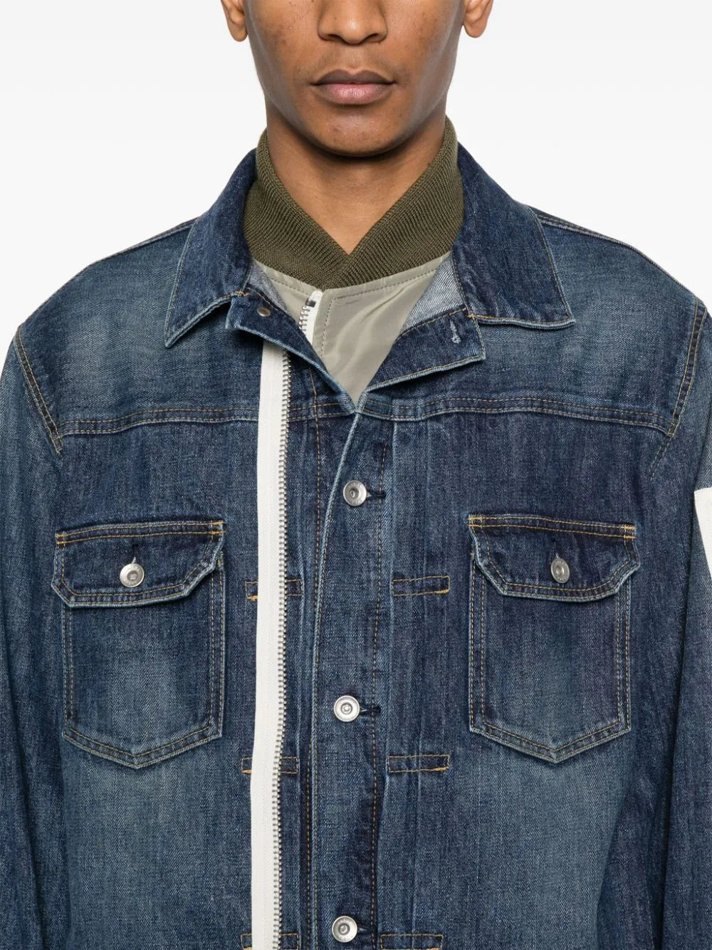 Denim hybrid jacket, Sacai outerwear, luxury men's fashion, high-end jacket, modern denim jacket