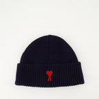 AMI Paris beanie, navy blue beanie, heart embroidered beanie, luxury wool beanie, designer winter accessories