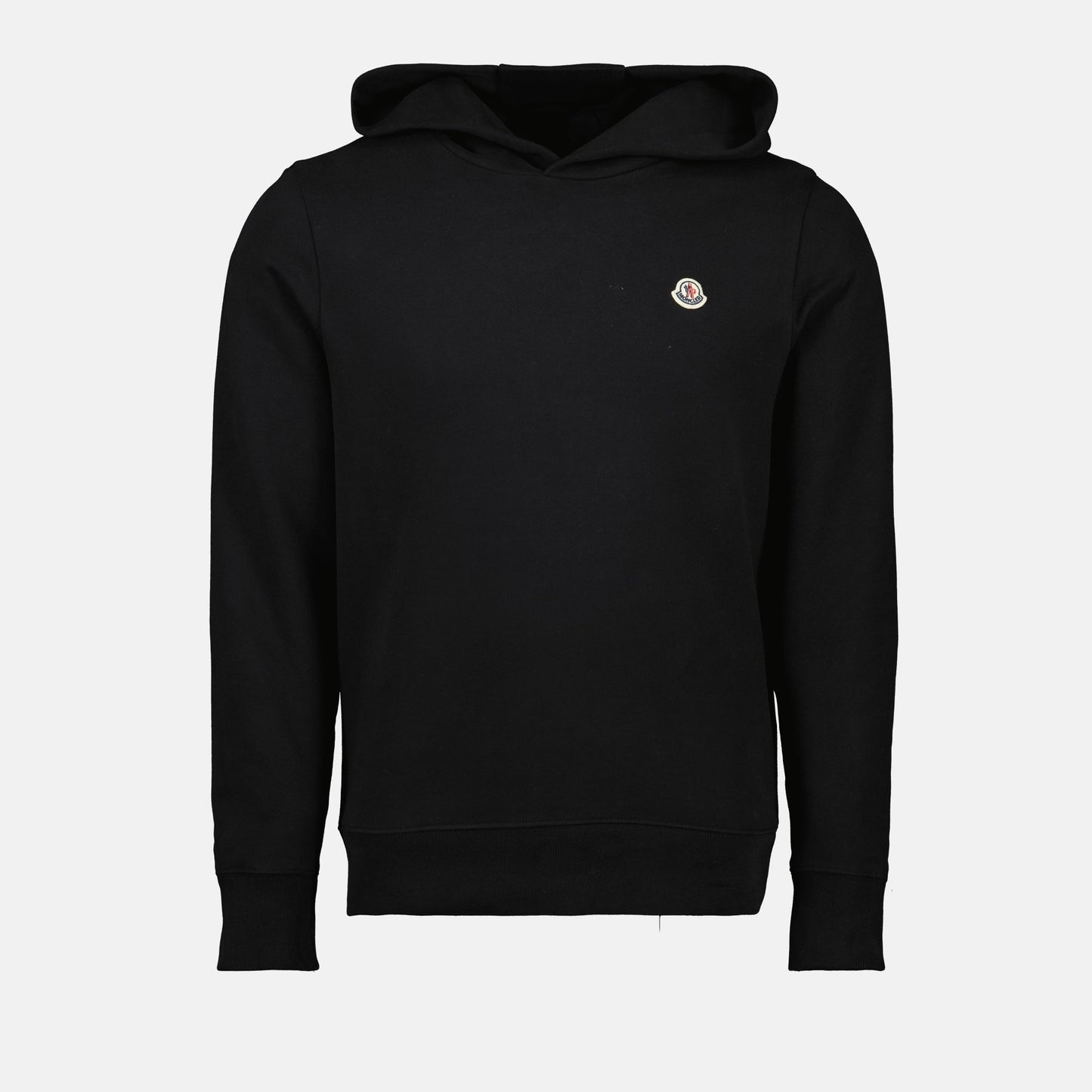 Moncler hoodie, black cotton hoodie, logo sweatshirt, high collar hoodie, luxury casual wear